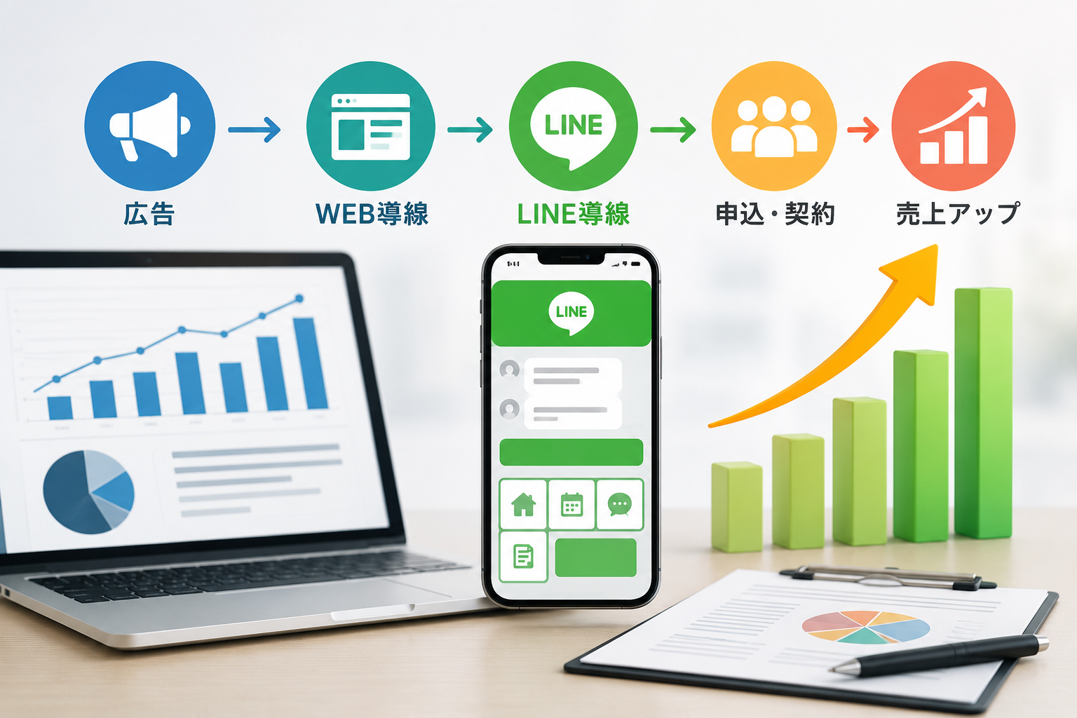 WEB反響、広告戦略、LINE導線を整理する改善レポートの図解